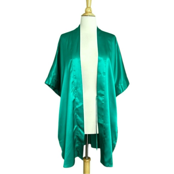 Vintage Jennifer Moore Satin Emerald Green Kimono Topper Robe, One Size - Picture 2 of 14